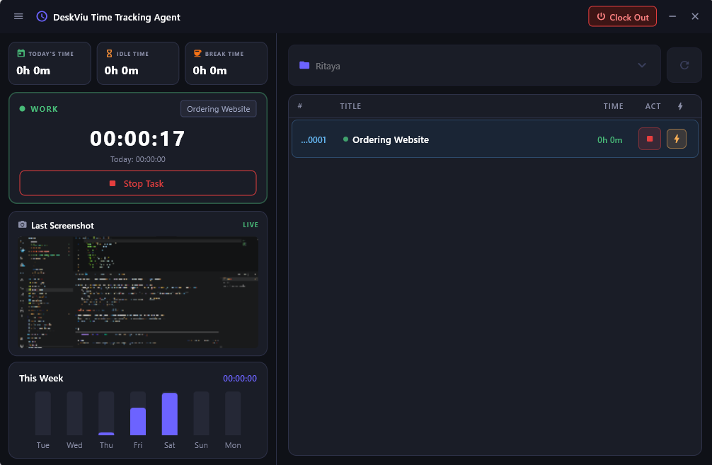 DeskViu desktop agent running on Windows — silent background time tracking