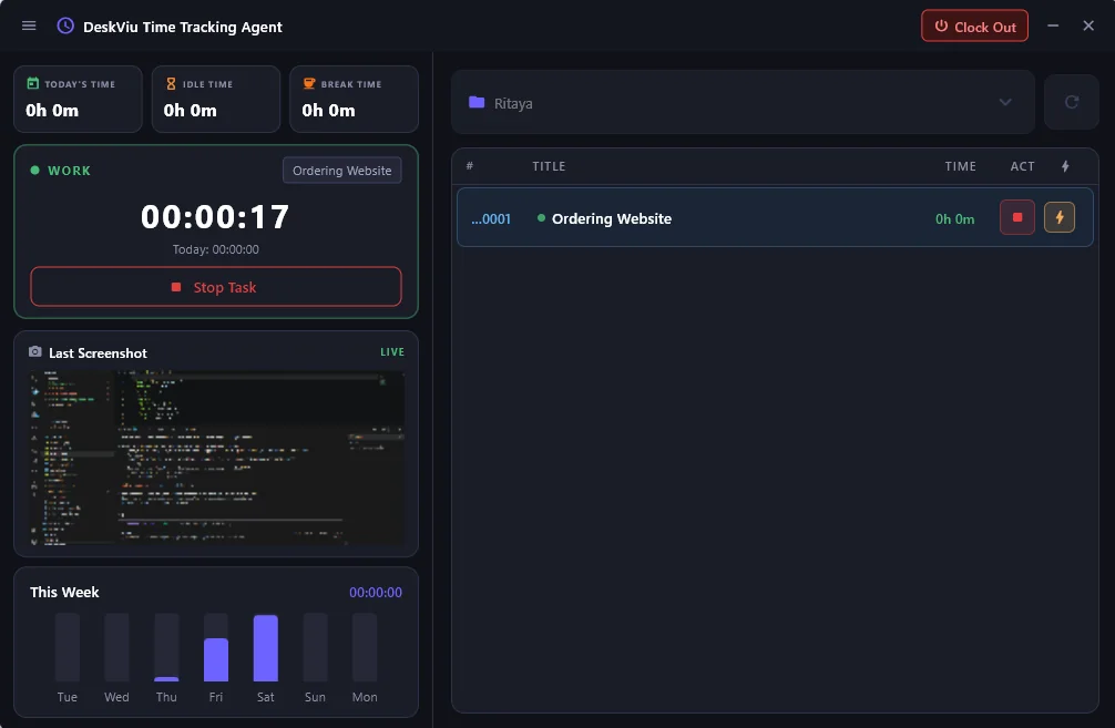 DeskViu desktop agent running on Windows — silent background time tracking