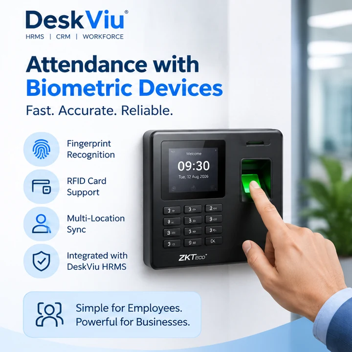 Attendance with biometric devices: a hand on a wall-mounted fingerprint terminal. Features: fingerprint recognition, RFID card support, multi-location sync, and integration with DeskViu HRMS.