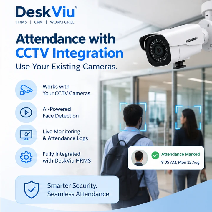 Attendance with CCTV integration: an existing office CCTV camera detects people walking through a lobby and logs Attendance Marked. Features: works with your CCTV cameras, AI face detection, live monitoring and attendance logs, and full integration with DeskViu HRMS.